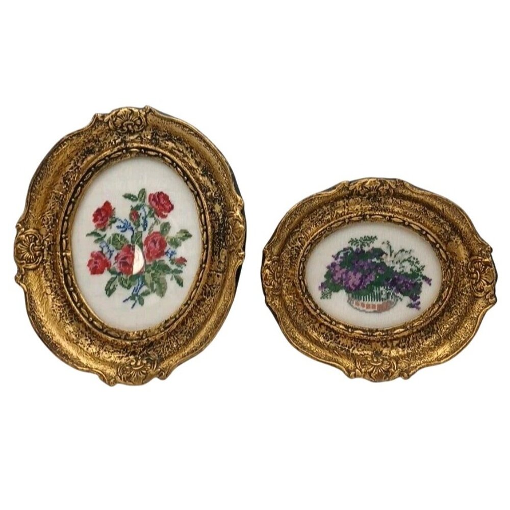 Set 2 Framed Floral Embroidery Wiehler Gobelin Flower Roses Violets In A Basket - Picture 2 of 9